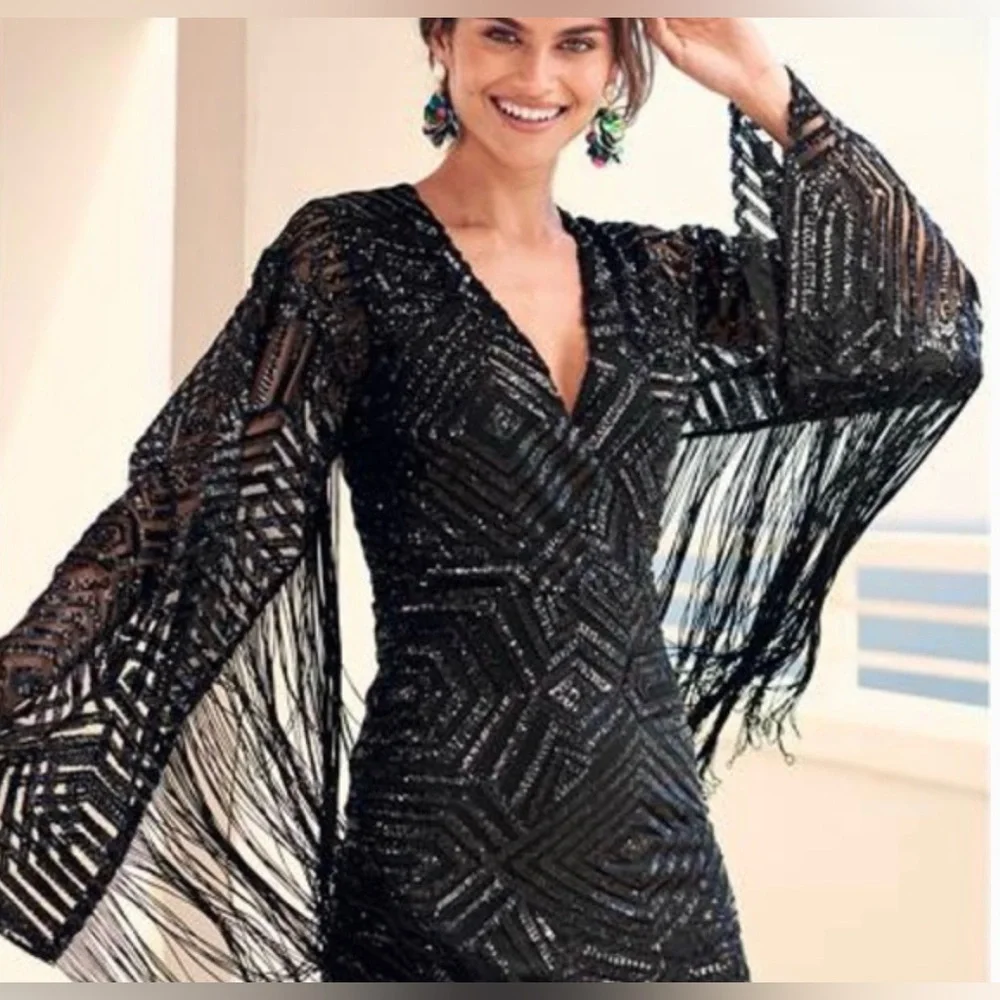 Venus NWT Black Sequin Bell Sleeve Fringe V-Neck Mini Dress - Picture 2 of 15